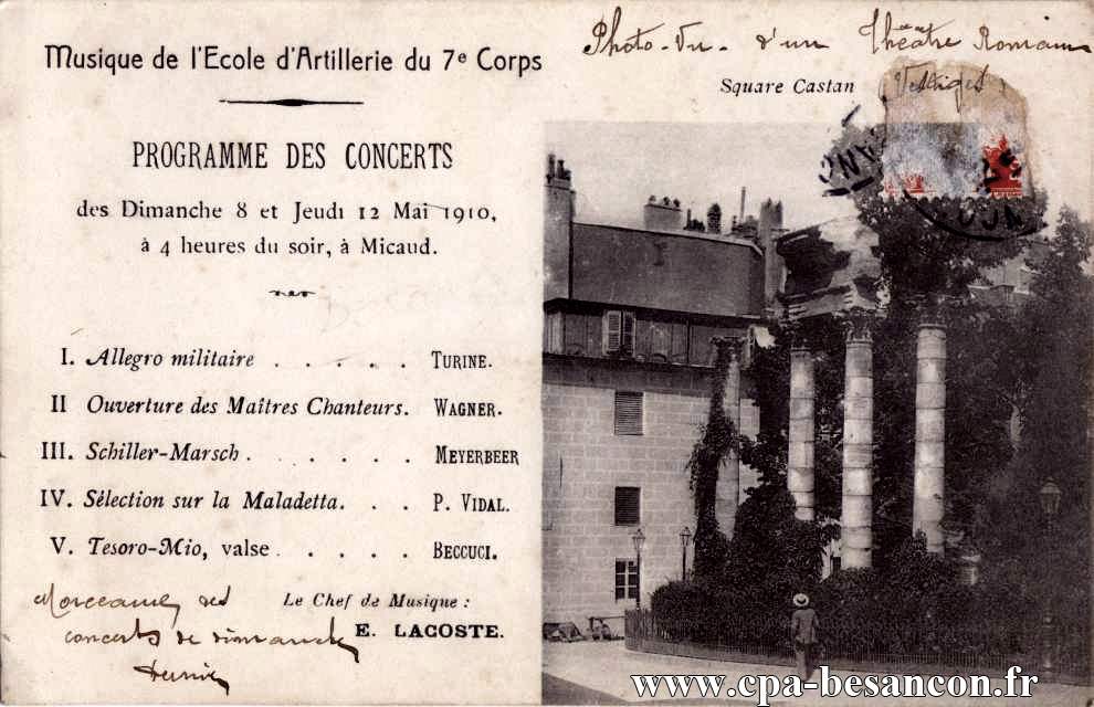 Musique de l'Ecole d'Artillerie du 7e Corps - Square Castan - Programme des Concerts des Dimanche 8 et Jeudi 12 Mai 1910, à 4 heures du soir, à Micaud.